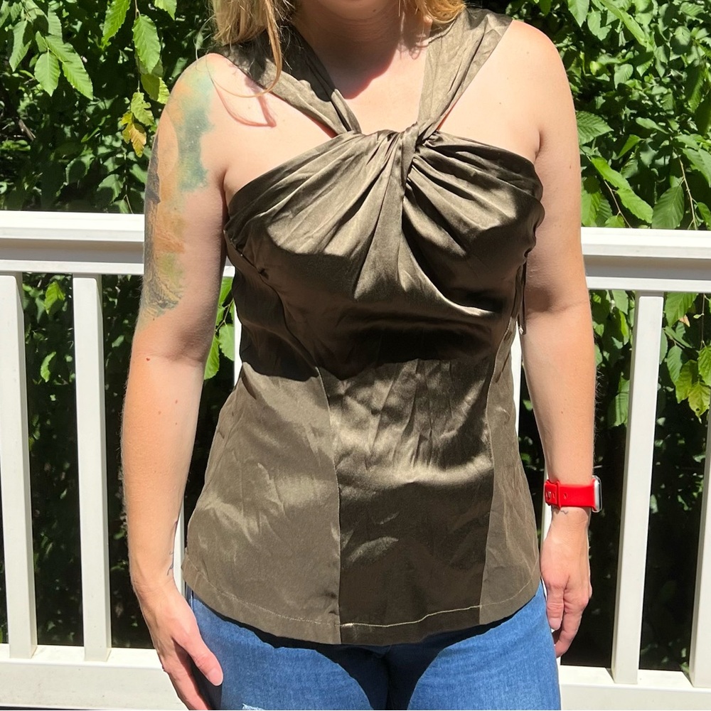 Cache Silk Olive Green Halter Zip Back Top Ruched & Knotted in Front Siz…